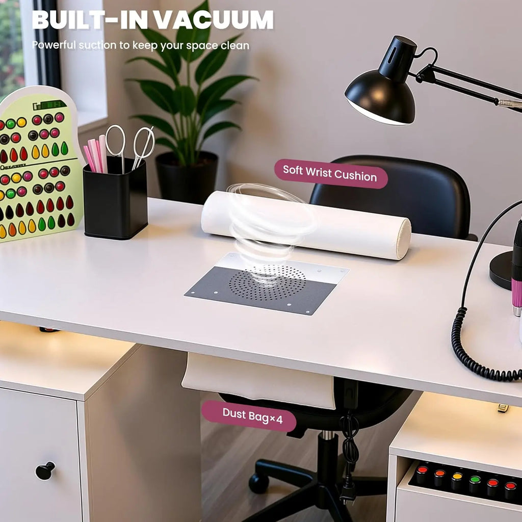 Rolling Manicure Table Nail Desk with Dust Collector and LED Lights White