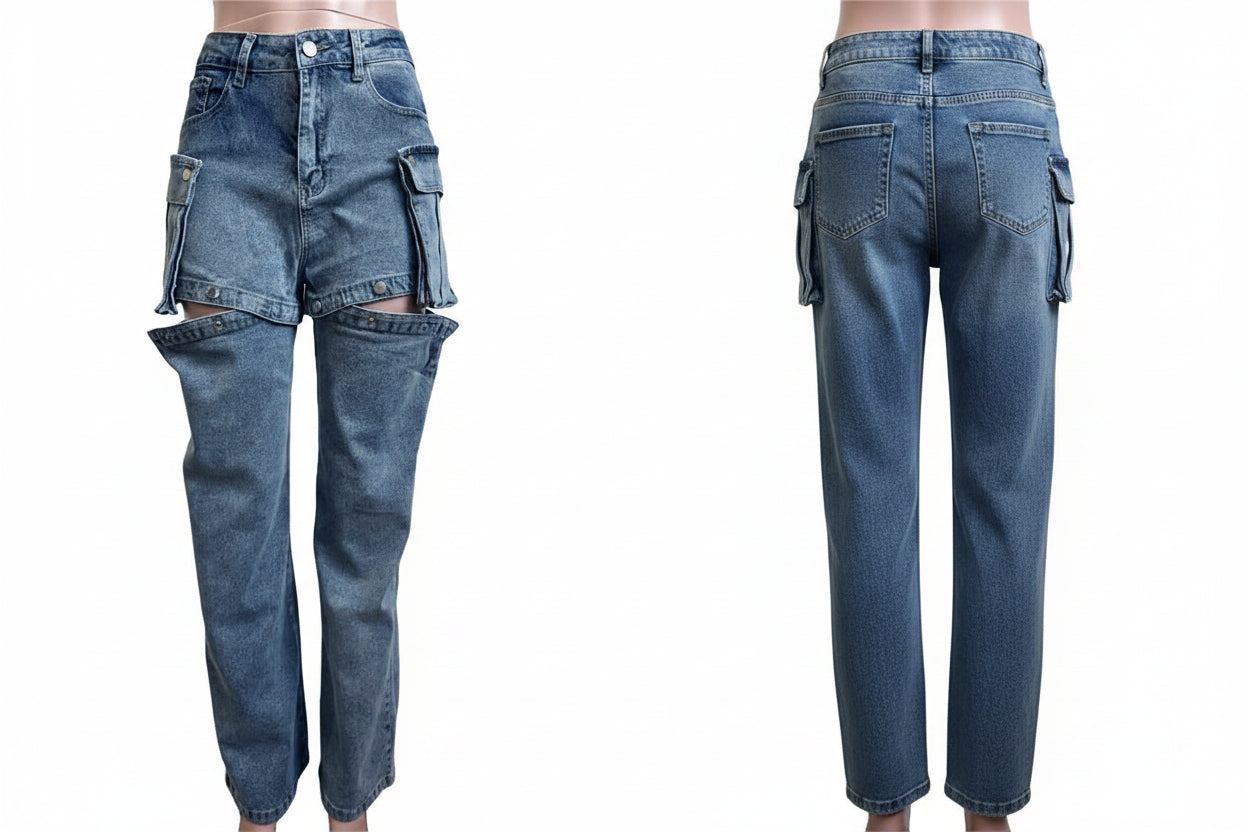 Straight Denim Pants High-Waisted Hollow Out Distressed Women