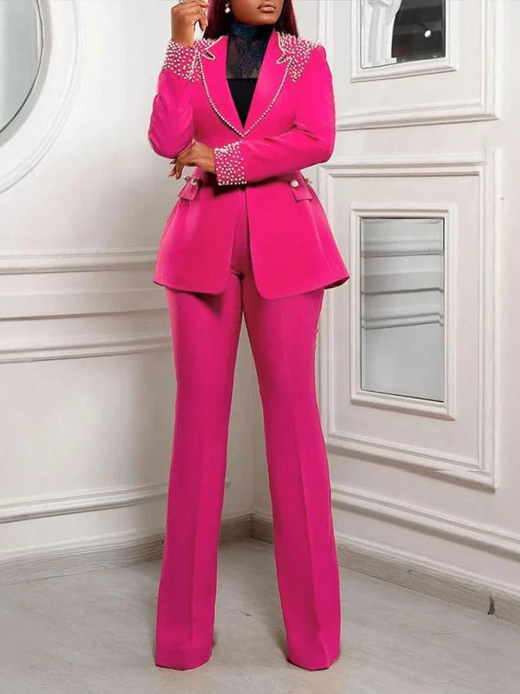 Women's Beaded Blazer Straight Pants Suit