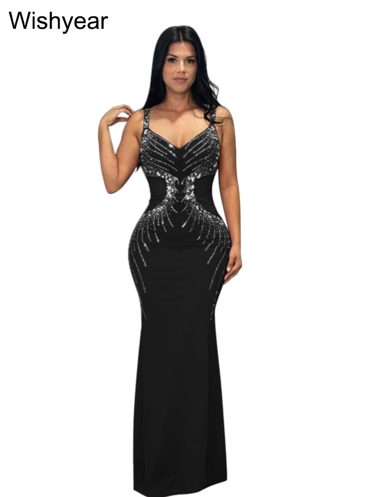 Women's Sexy Spaghetti Strap Diamond Bodycon Maxi Dress