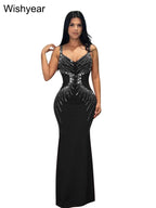Women's Sexy Spaghetti Strap Diamond Bodycon Maxi Dress