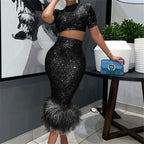 Women's Sequins Glitter Feather Crop Top and Skirt Two Piece Set