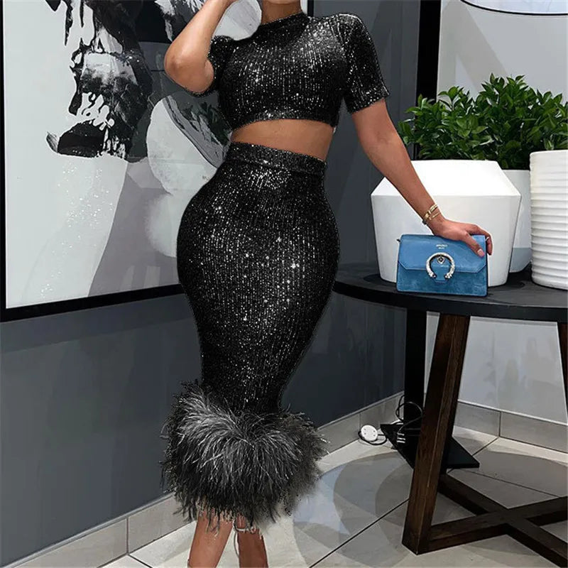 Women's Sequins Glitter Feather Crop Top and Skirt Two Piece Set