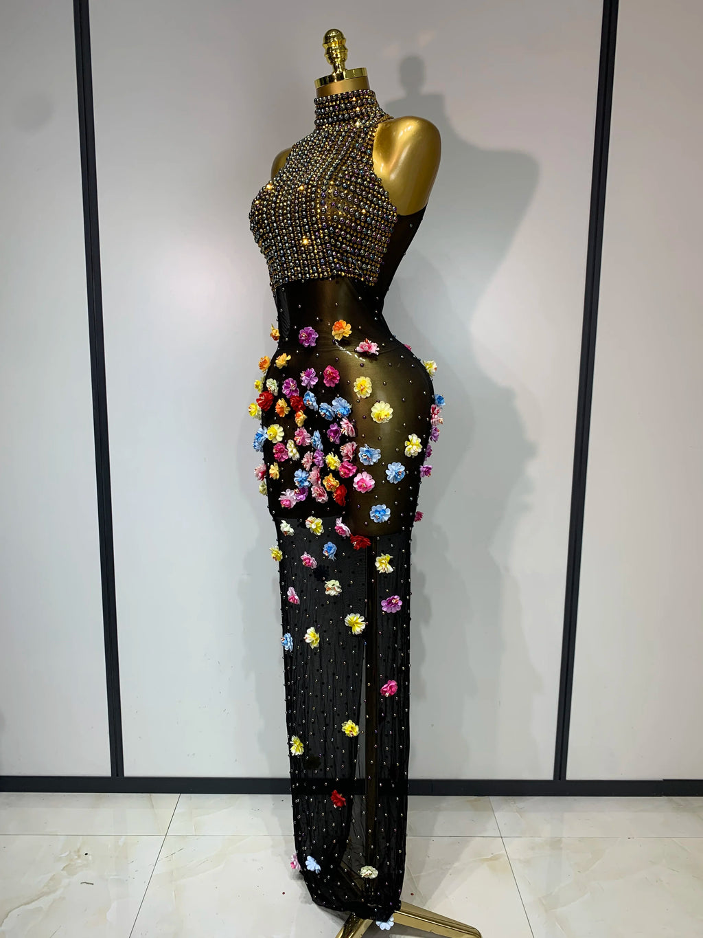 Women's Sexy Rhinestone Flower See Through Maxi Dress