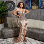 Women's Sexy Sequined Spaghetti Strap Feather Hem Maxi Dress