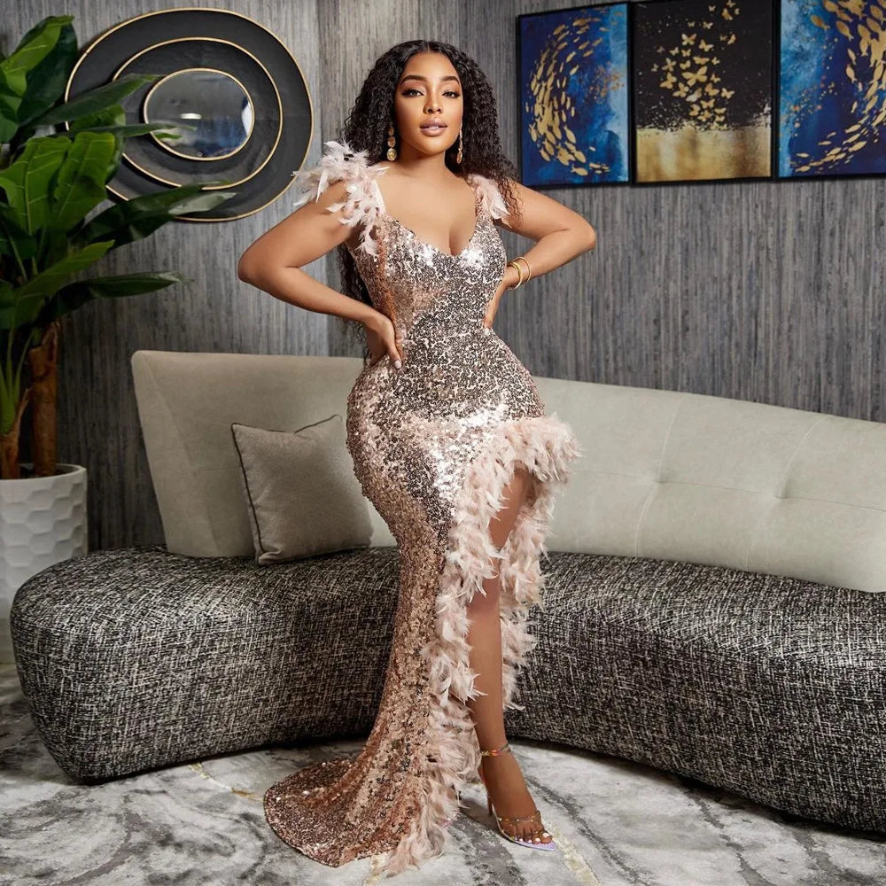 Women's Sexy Sequined Spaghetti Strap Feather Hem Maxi Dress
