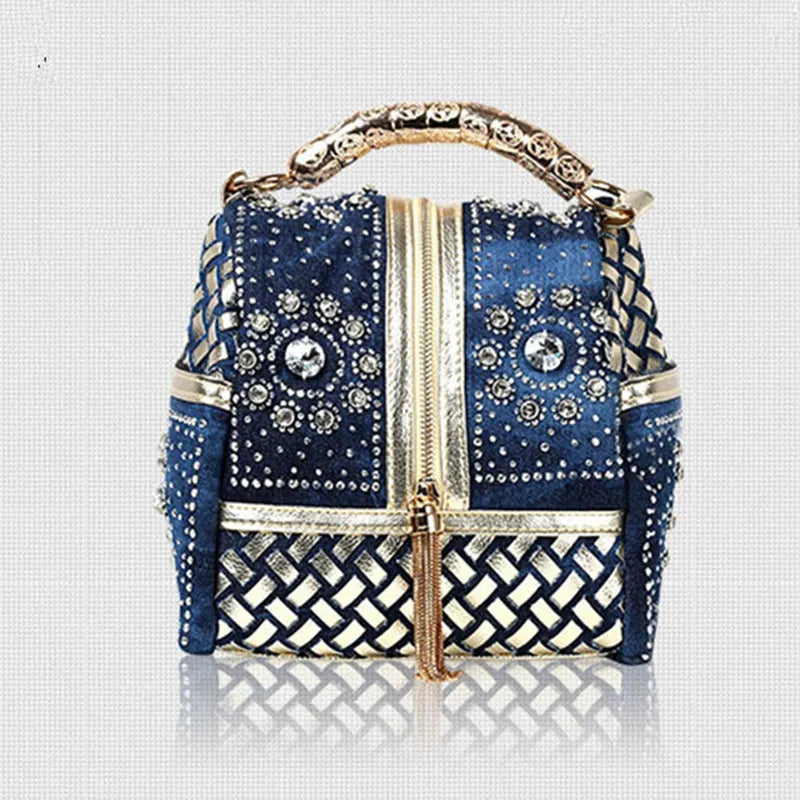 Denim Shoulder Bag with Diamond Tassels 7.9x5.9x5.9in