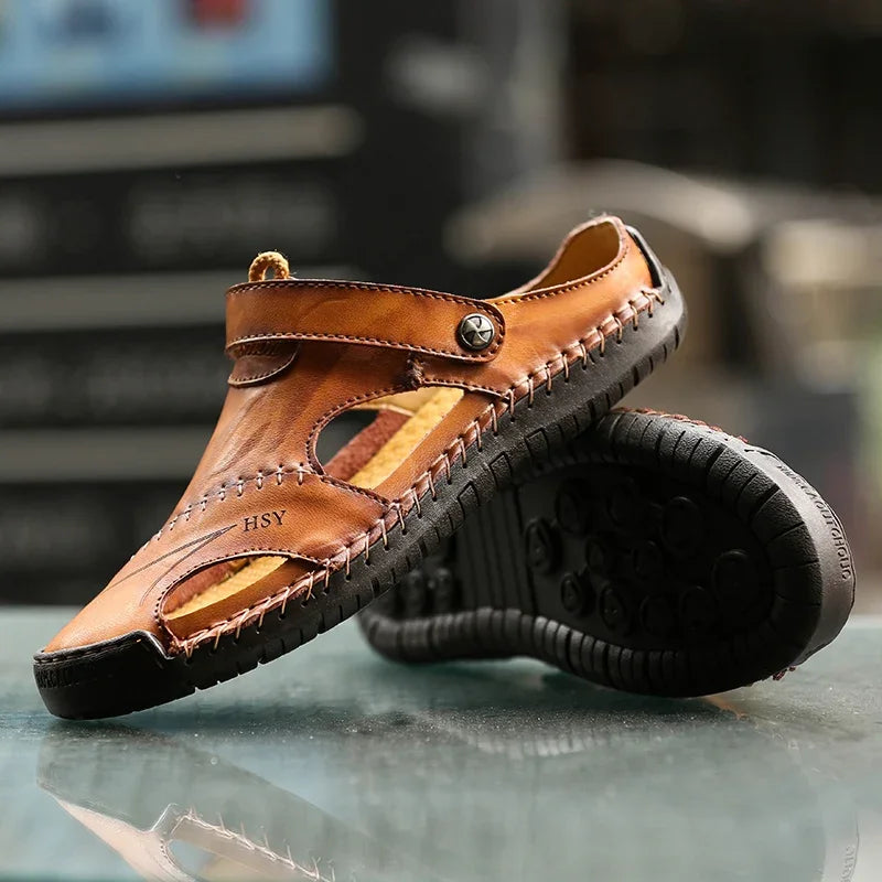 Yeinshaars Men's Casual Sandals Genuine Leather Non-Slip Flat Heel
