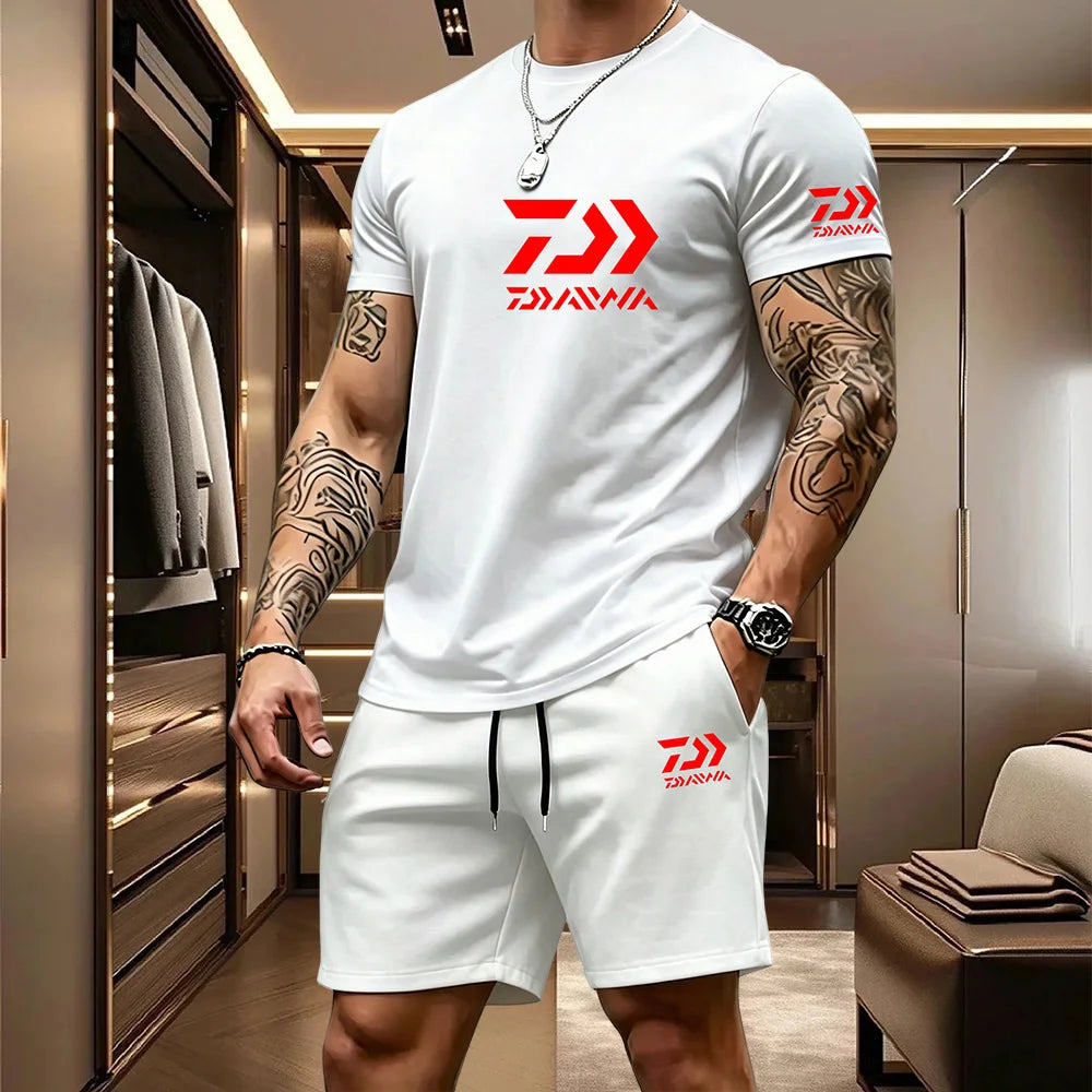 Men's Casual Round Neck T-Shirt and Drawstring Shorts Set