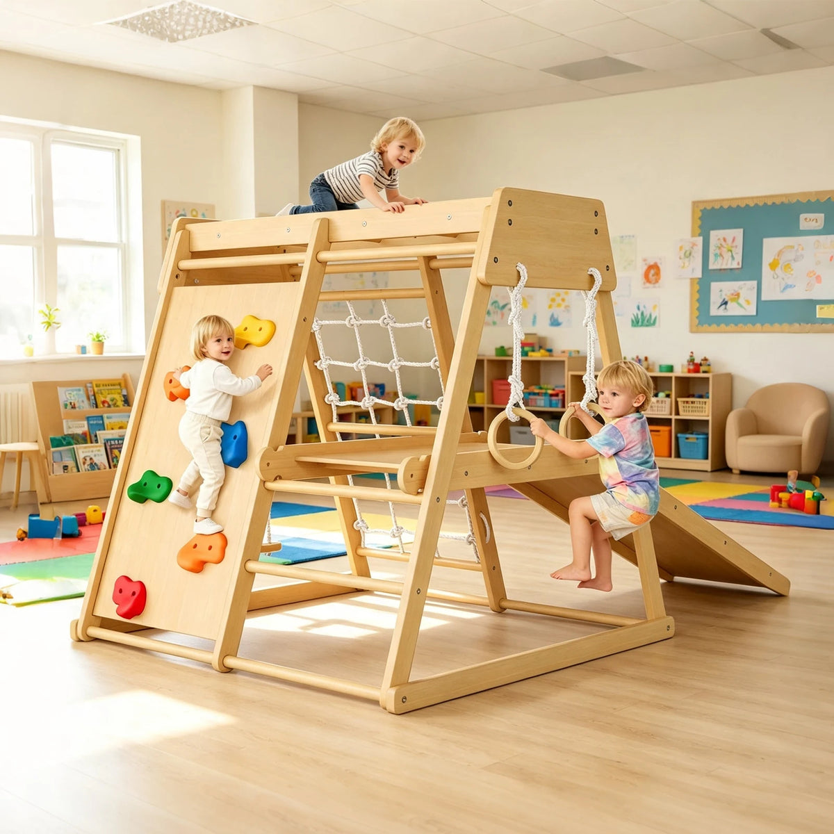 Kids 6 in 1 Wooden Indoor Jungle Gym Slide Climber Playset Toy Set