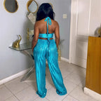 Women's Halter Bandage Crop Top Wide Leg Pants Set