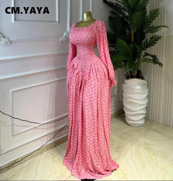 Women's Printed Square Neck Long Sleeve Maxi Dress