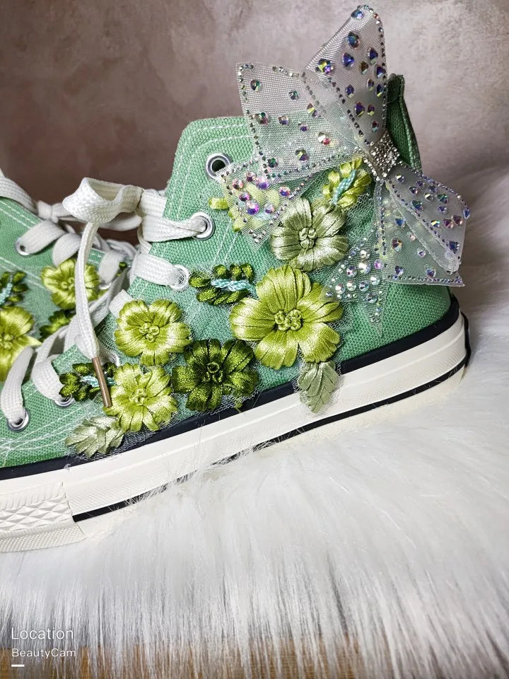 Women's High-Top Canvas Shoes Floral Embroidery Bow Green Handmade Casual