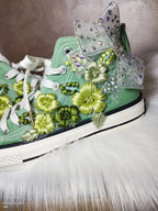 Women's High-Top Canvas Shoes Floral Embroidery Bow Green Handmade Casual