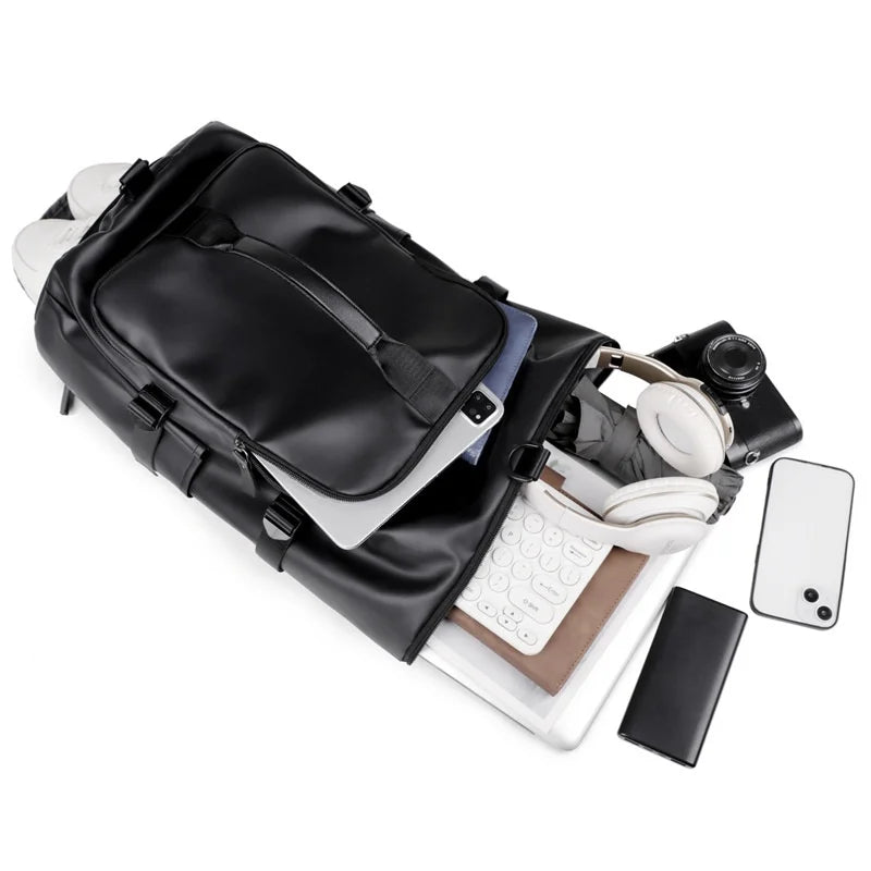 Men's Fashion PU Leather Large Capacity Travel Backpack