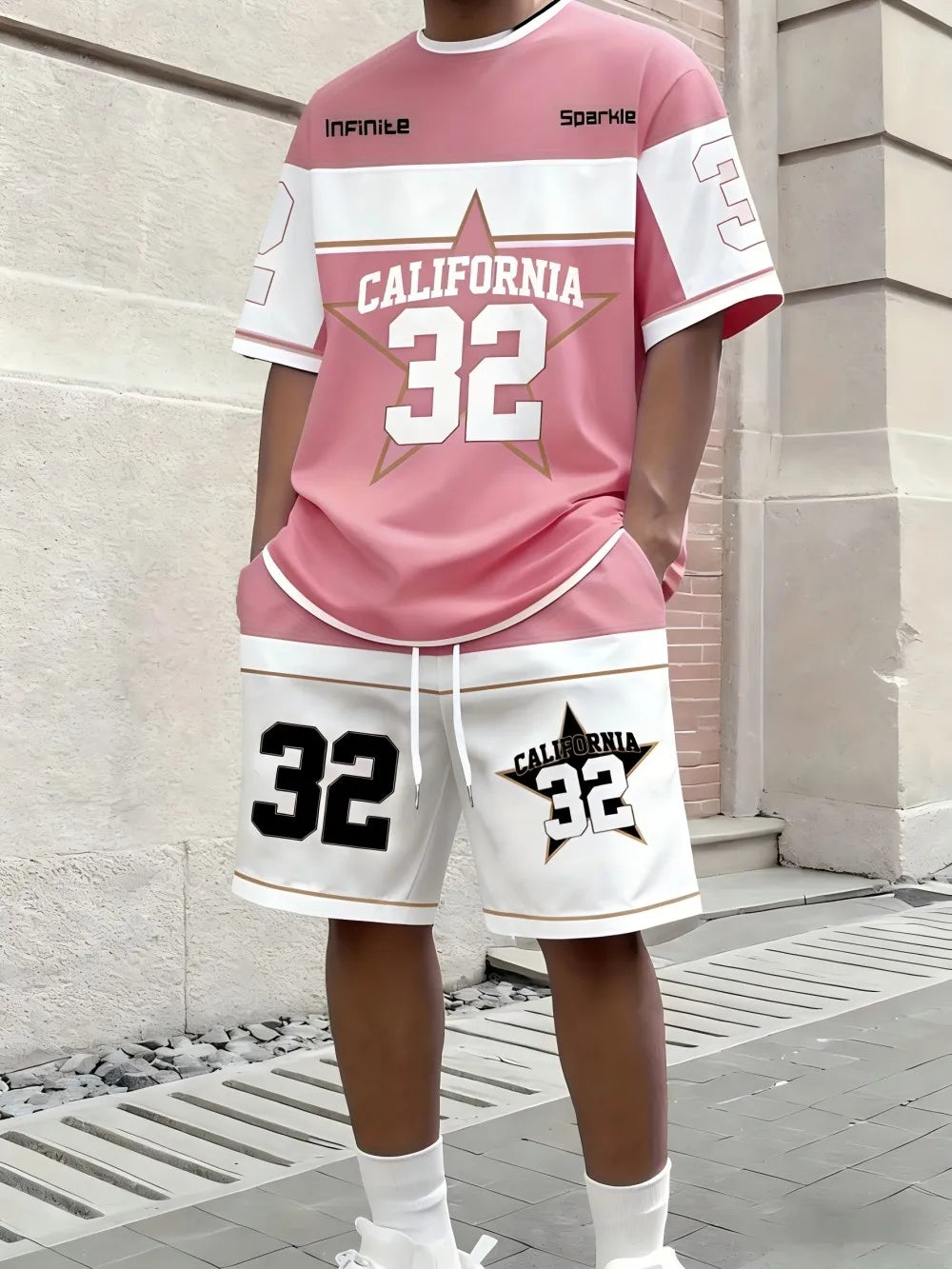 Men's Letter Stripe Print Round Neck T-Shirt and Drawstring Shorts Set