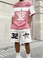 Men's Letter Stripe Print Round Neck T-Shirt and Drawstring Shorts Set