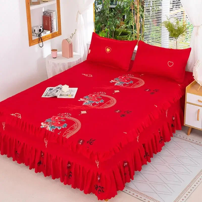 Lace Skirt Bed Sheet and Fitted Bedspread Set