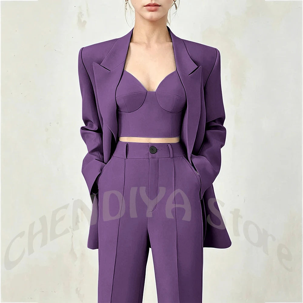 Women's Single Button Tailored Blazer and Pants Suit Set