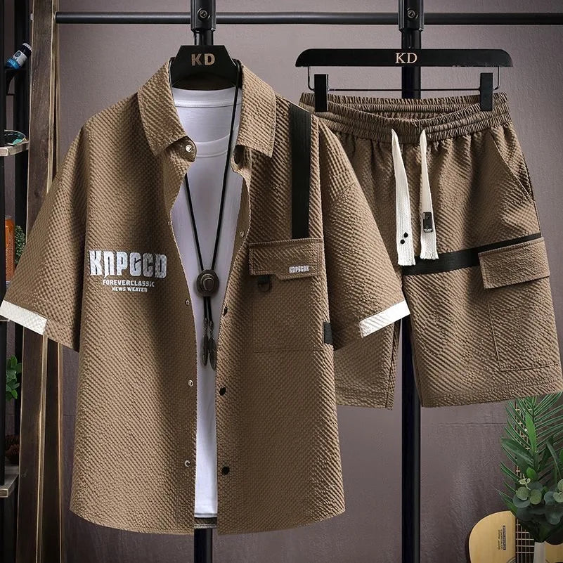 Men's Casual Short Sleeve Shirt and Shorts Two Piece Set