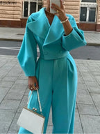 Women's Solid Lapel Woolen Top Wide Leg Pants Set
