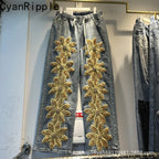 Women's 3D Floral Beaded Elastic Waist Wide Leg Jeans