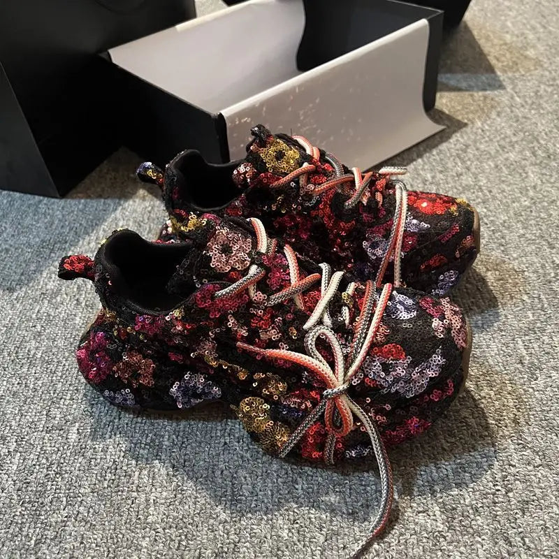 Women's Glitter Platform Sneakers Lace-Up Casual Fashion Shoes