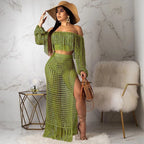 Women's Off Shoulder Tassel Hollow Out Maxi Skirt Set