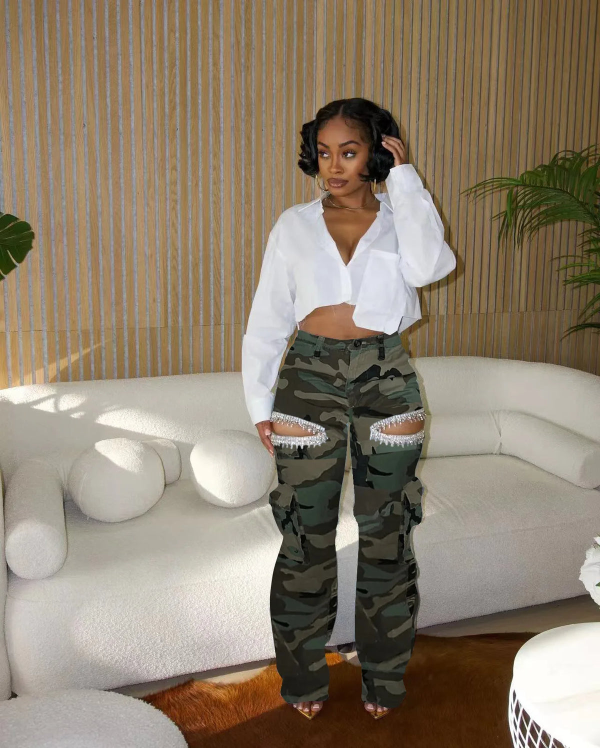 Women's High Waist Wide Leg Denim Pants Crystal Cutout Detail