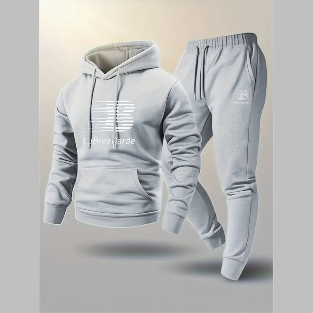 Men's Casual Print Hoodie and Lace-Up Running Pants Set