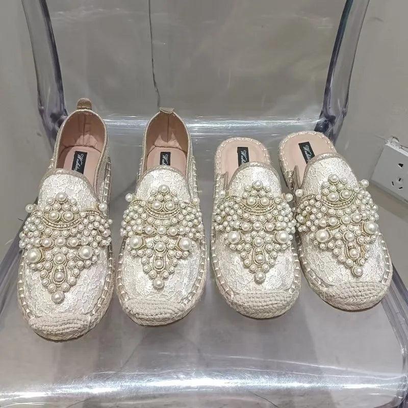 Women's String Bead Half Slippers Pearl Hemp Cotton Fabric Lace Slides