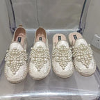 Women's String Bead Half Slippers Pearl Hemp Cotton Fabric Lace Slides