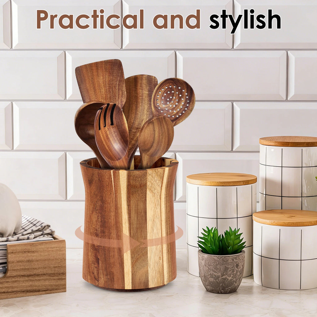 Rotating Wooden Utensil Holder and Kitchen Countertop Organizer