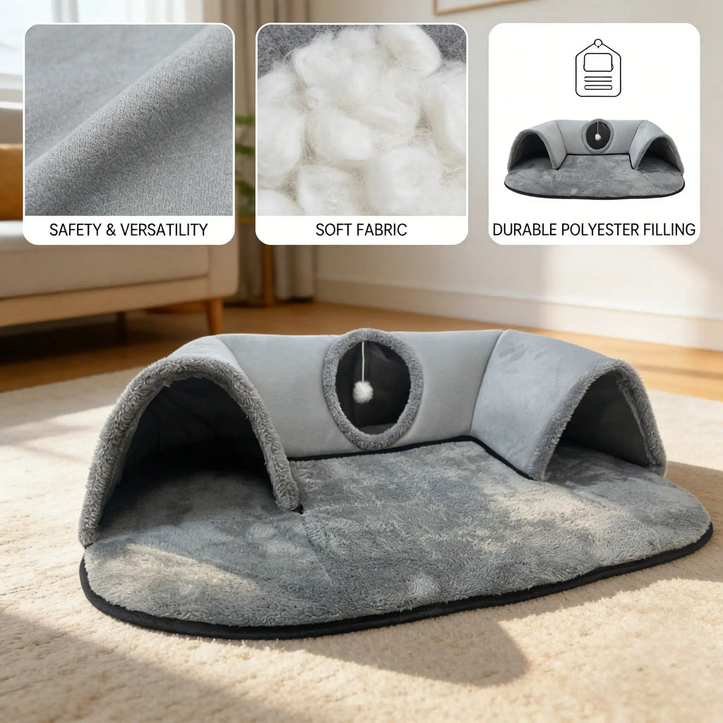 2-in-1 Cat Tunnel Bed with Soft Plush Cushion
