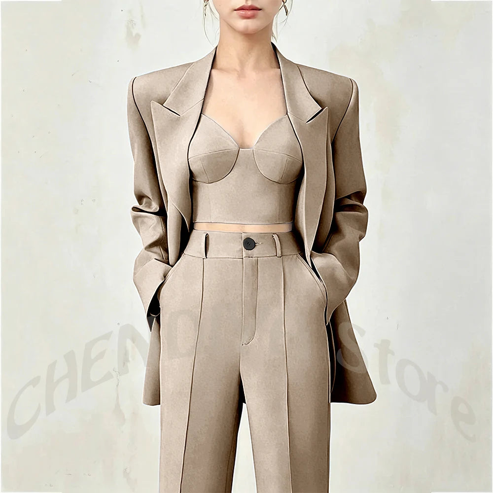 Women's Single Button Tailored Blazer and Pants Suit Set