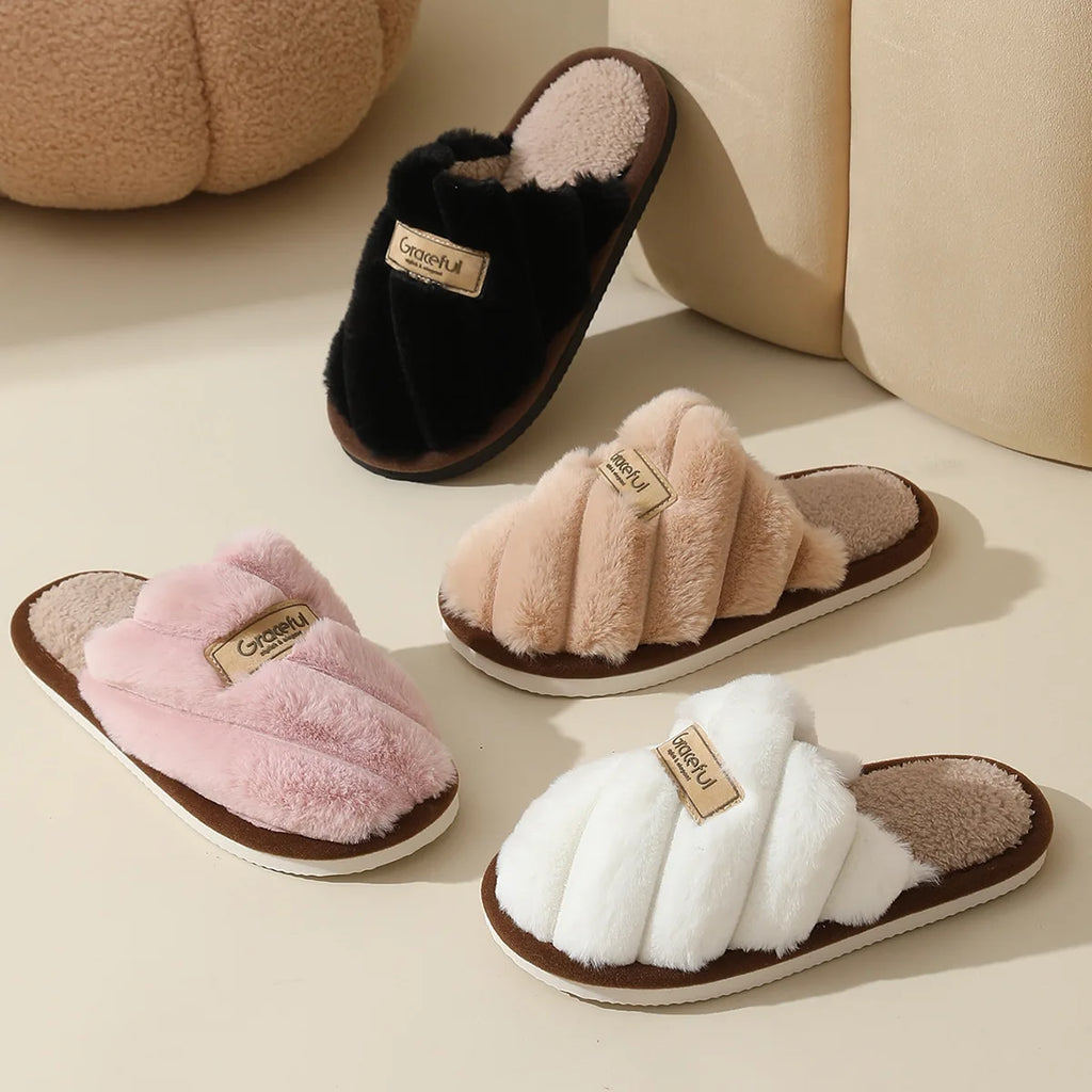 Winter Warm Plush Women's Slippers Soft Flat Indoor Bedroom Shoes