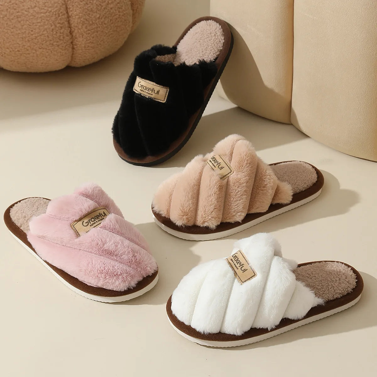 Winter Warm Plush Women's Slippers Soft Flat Indoor Bedroom Shoes