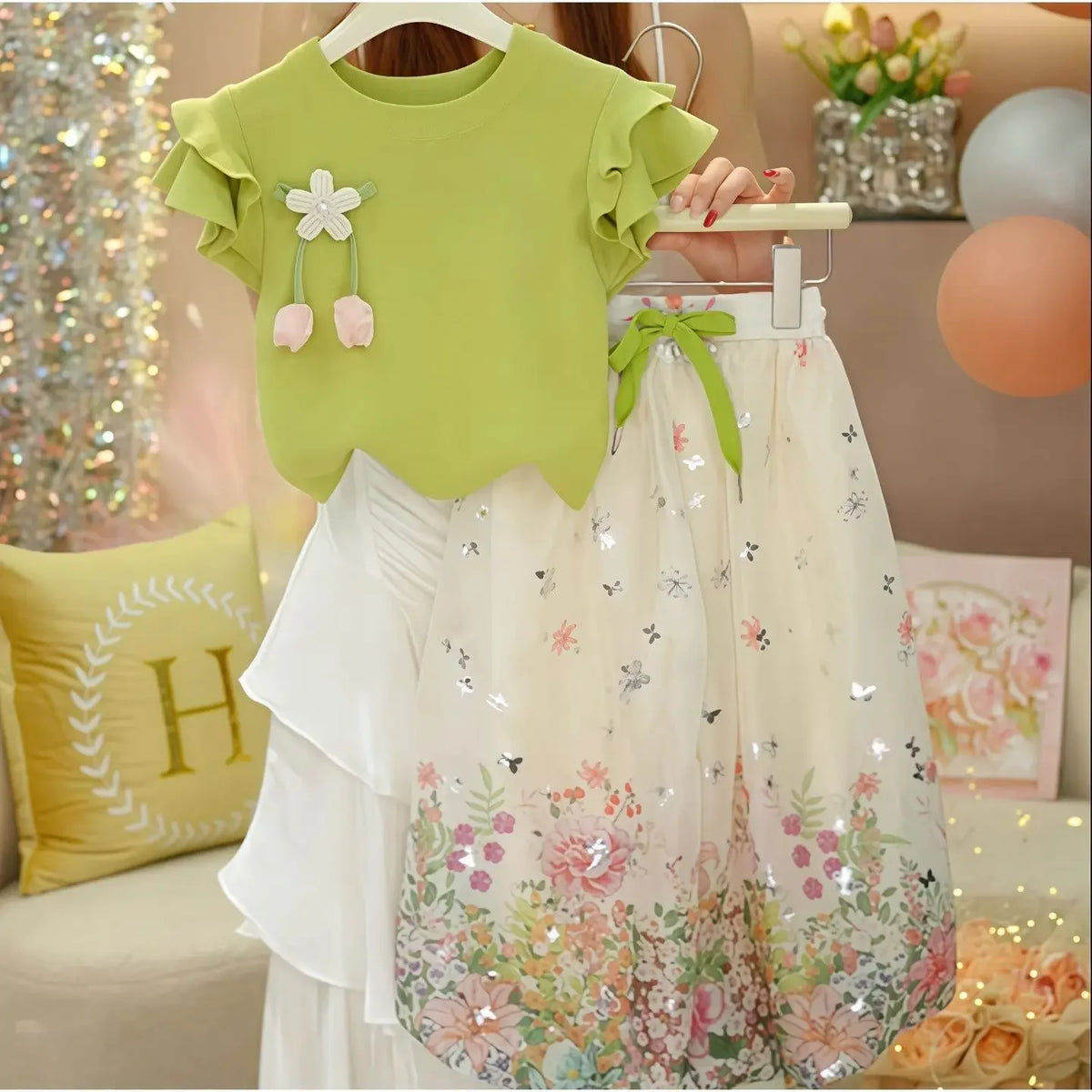 Girls' Lace Short Sleeve Floral Lantern Pants Two Piece Set
