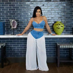 Women's Patchwork Denim Wide Leg Pants Two-Piece Set