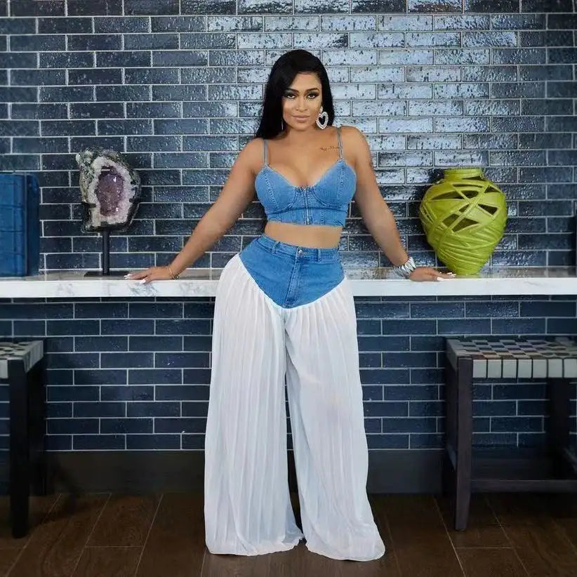 Women's Patchwork Denim Wide Leg Pants Two-Piece Set