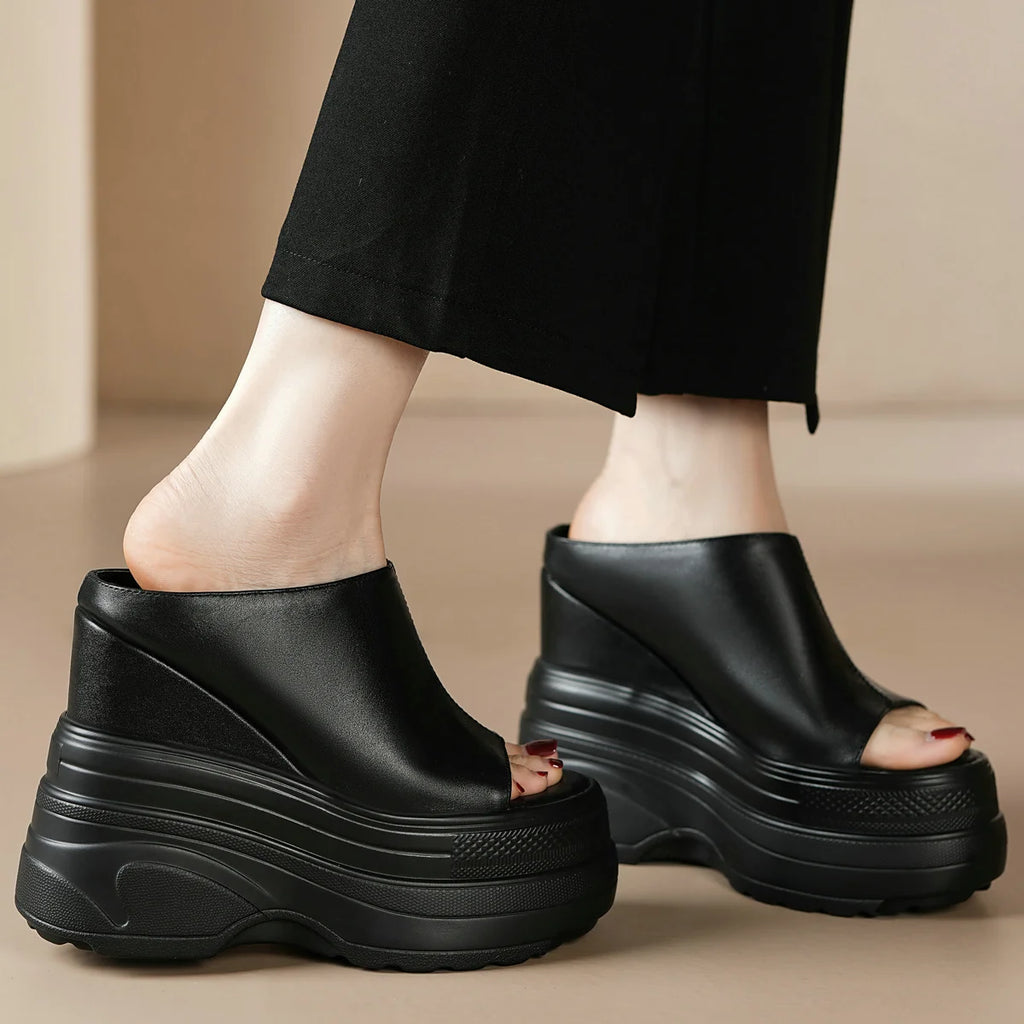 Women's Genuine Leather Wedge Platform Mules