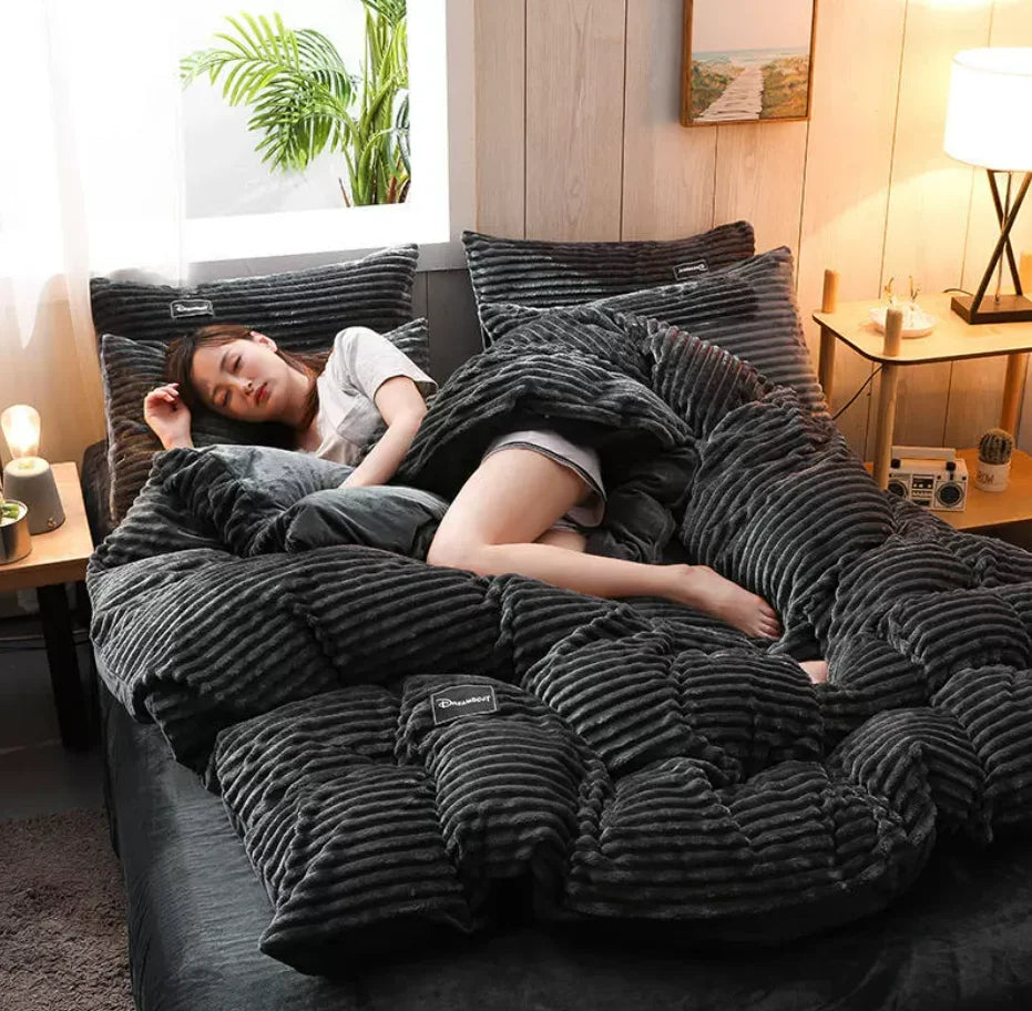 Warm Coral Fleece Duvet Cover and Plush Bedding Set