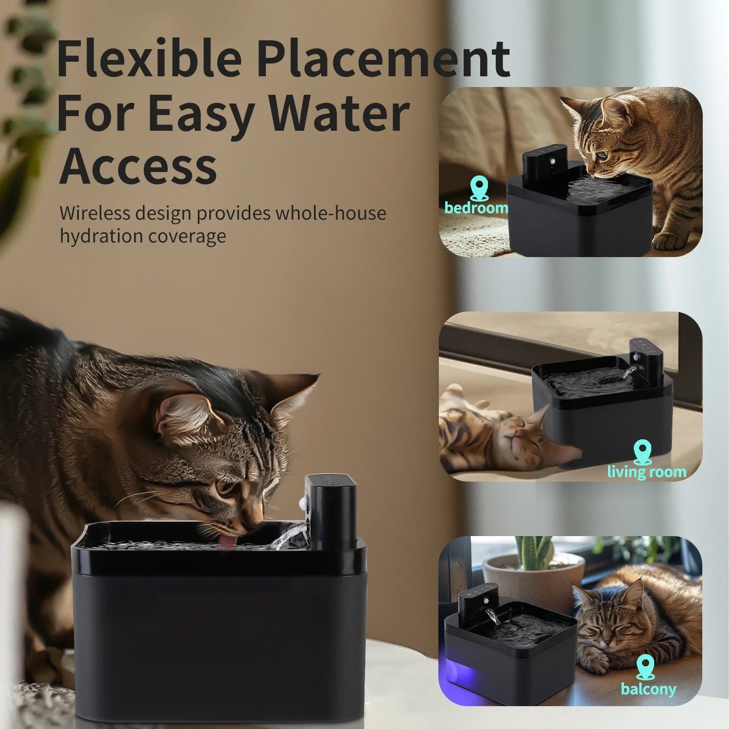 Wireless Cat Water Fountain with Sensor and Battery Power