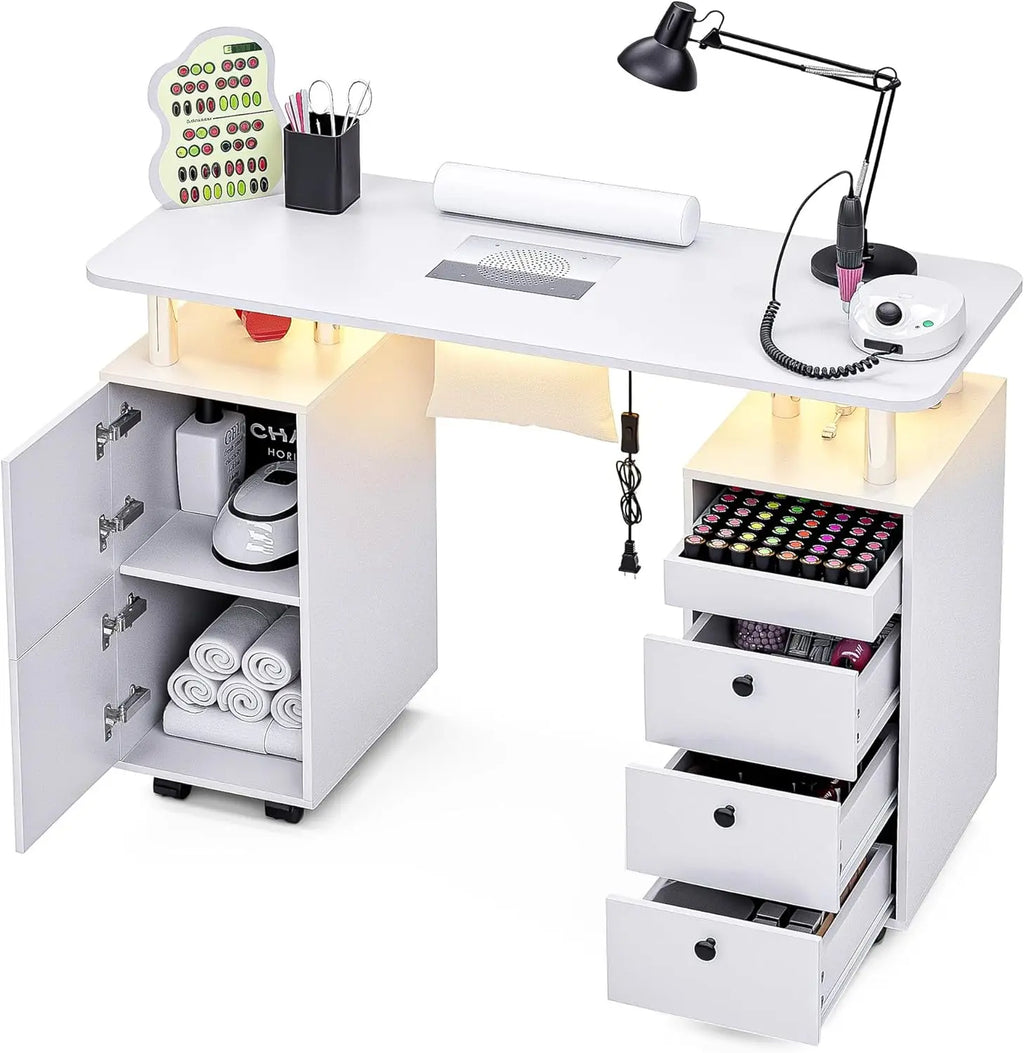Rolling Manicure Table Nail Desk with Dust Collector and LED Lights White
