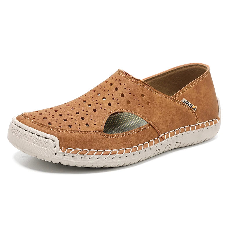 Hand-Sewn Leather Hollow-Out Sandals Unisex Casual Outdoor Walking Shoes