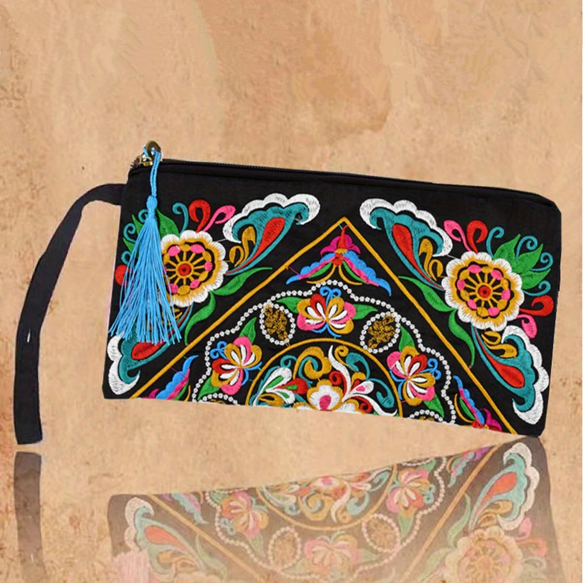 Vintage Embroidered Ethnic Style Long Wallet Wristlet Clutch Bag