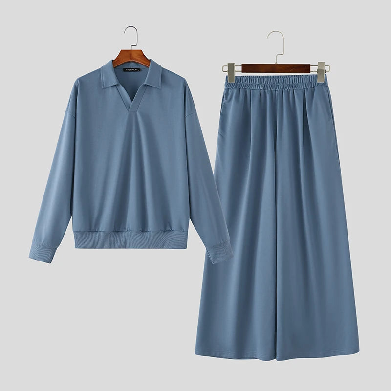 Men's Lapel Long Sleeve Sweatshirt Pants Two-Piece Set