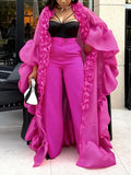 Women's Pleated Lace Puff Sleeve Cardigan and Pants 2-Piece Set