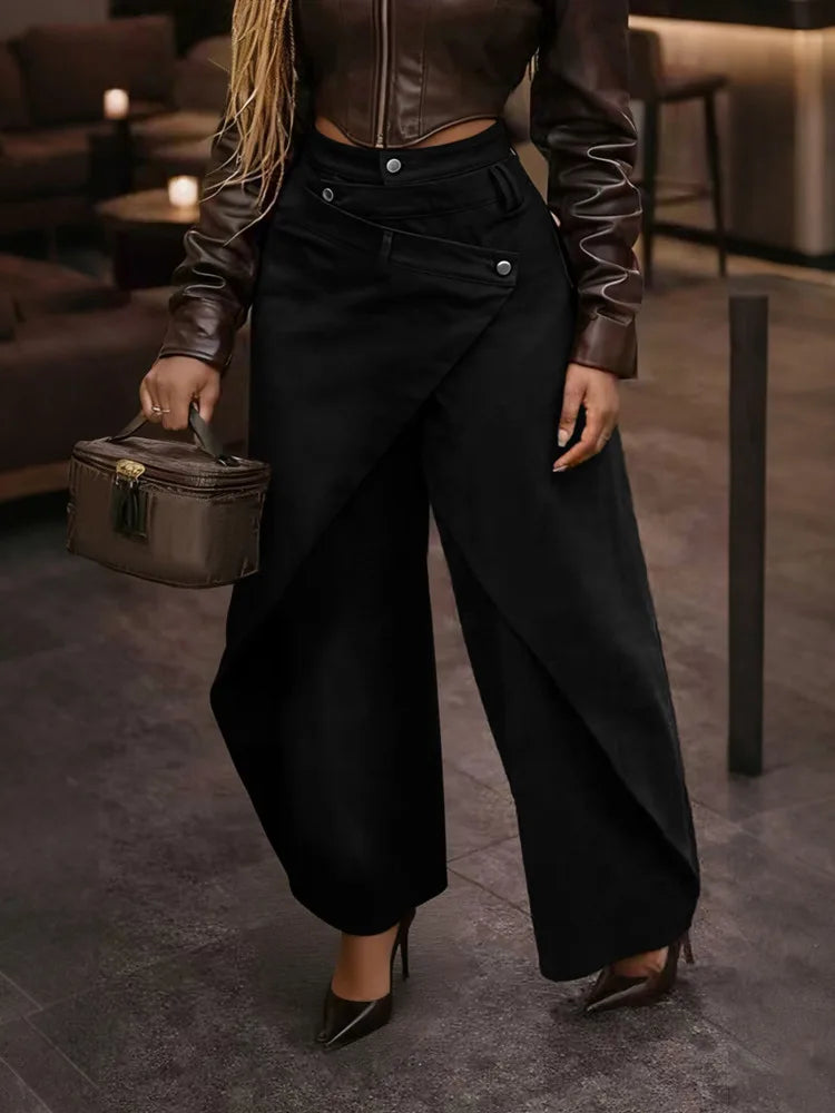 American Retro High Waist Wide Leg Trousers with Metal Buckle