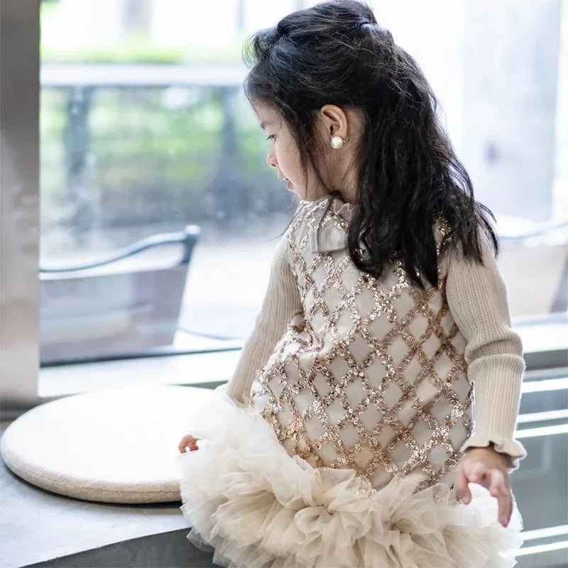 Girls' Sequined Mesh Tutu Dress Knit Sweater Two Piece Set H2327
